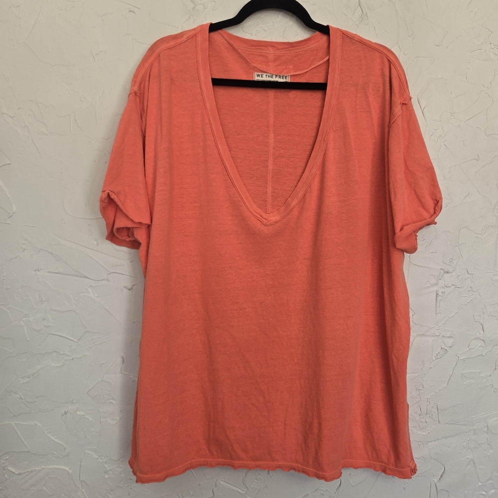 Free People Oversized Coral V Neck Tee Top, L - Picture 2 of 11